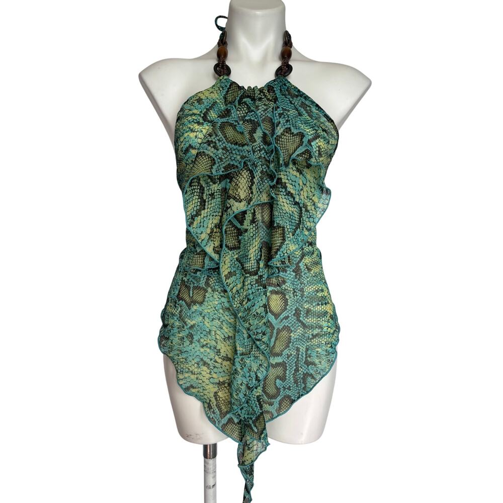 y2k Mcbling Teal Snake Print Ruffle Halter Tie Back Top with Wood Bead Neckline